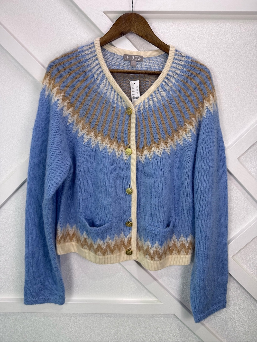 NWT J. Crew Fair Isle Cardigan Sweater Brushed Yarn Frosted Tundra Sand Blue XL - Picture 2 of 13